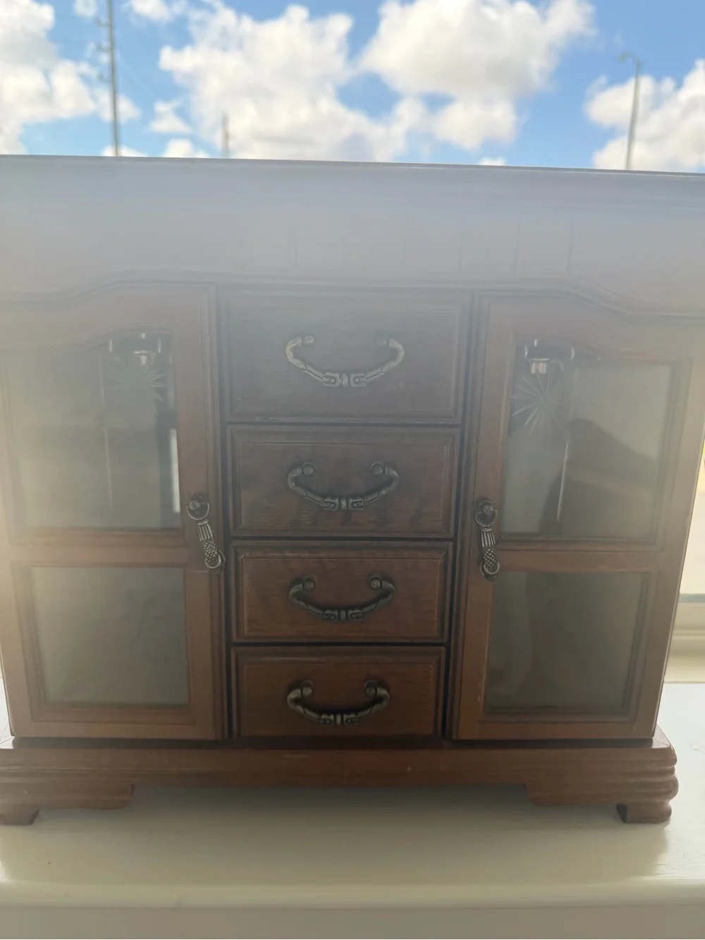 Wooden Jewelry Box with Glass Panels - Brown